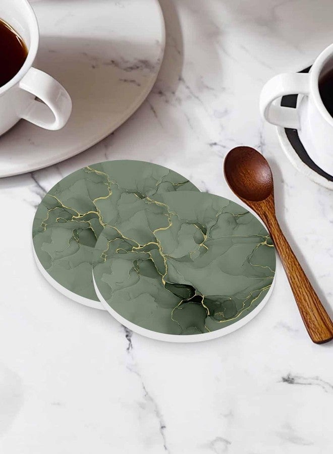 Daleng Coasters for Drinks Set of 4 with Holder Marble Gold Line Watercolour Sage Green Gradient Ceramic Cup Mat Absorbent Ceramic Stone Coasters with Cork Base for Coffee Cups Wooden Table Home Decor 4in - Image 3